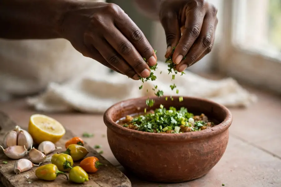 Mãos temperando com cheiro-verde uma panela de barro, ao lado de limão, alho e pimentas