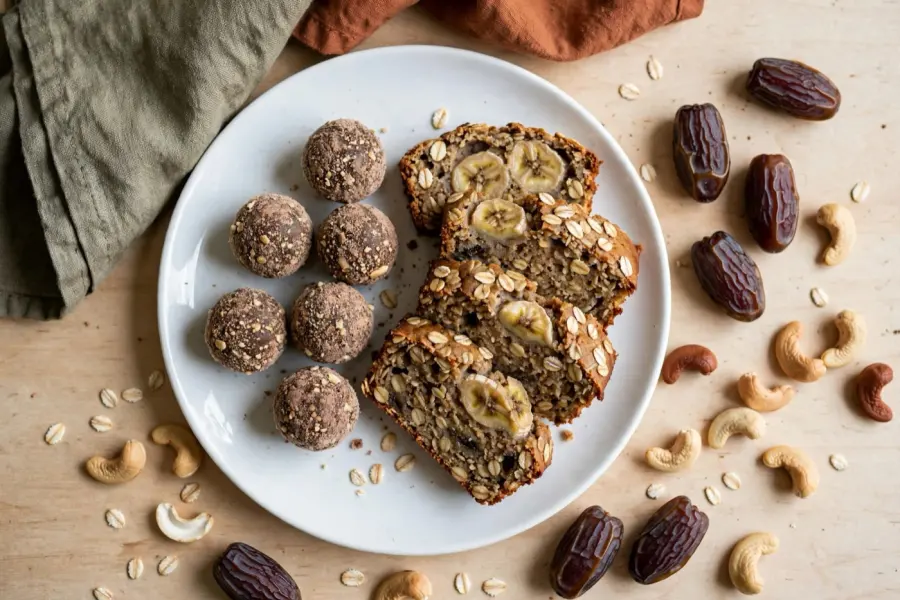 Docinhos de tâmara com castanha e cacau num prato branco