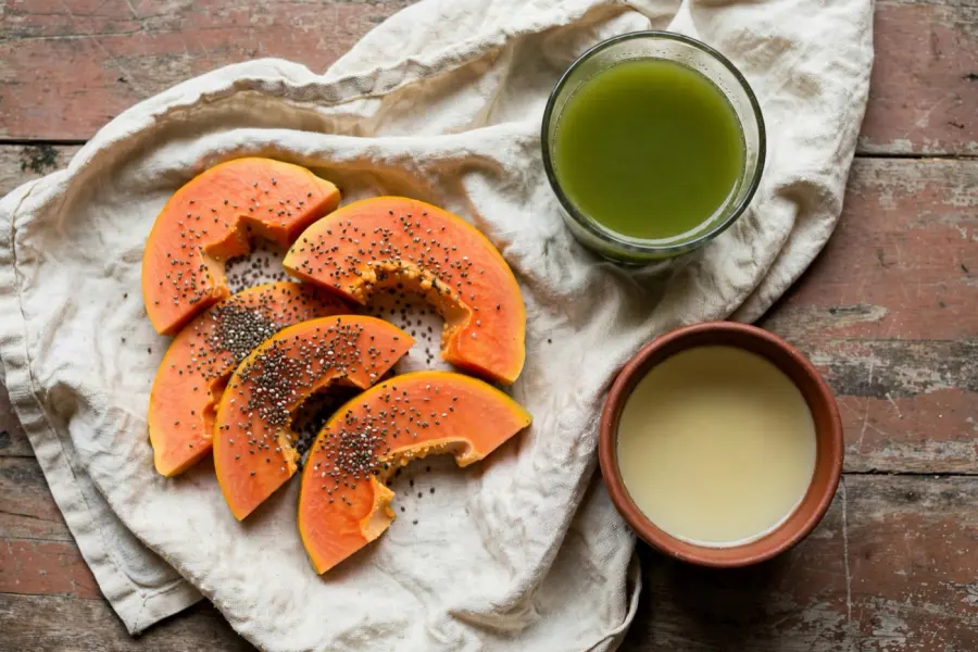 Mamão com chia e suco verde da semana 1