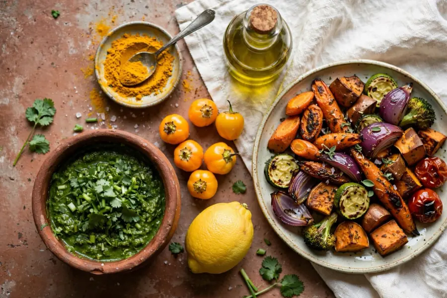 Legumes assados, molho verde e temperos da semana 2