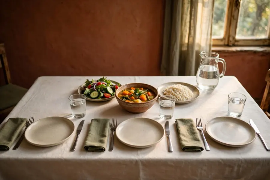 Mesa posta com moqueca, arroz e salada da semana 4